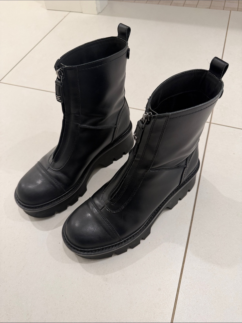 Sam Edelman Black Leather Zip-Front Lug Sole Combat Boots